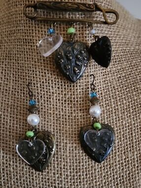 Vintage-Style Green Antique Bronze Heart Jewelry Set